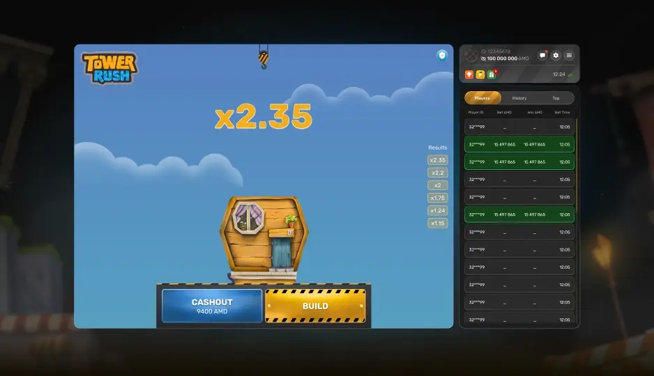 Multiplicadores y retiros en el juego Tower Rush