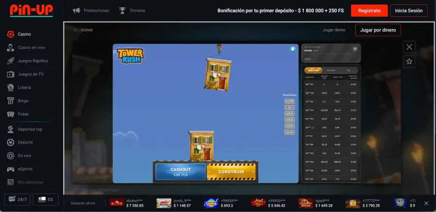 Construyendo la torre en Pin Up Tower Rush para ganar premios