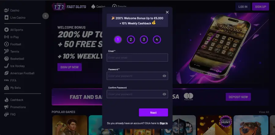  Formulario de registro en FastSlots para nuevos jugadores de Venezuela