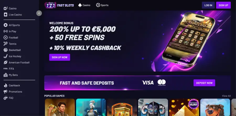 Página principal de FastSlots con bono de bienvenida de hasta $5000 y 50 giros gratis